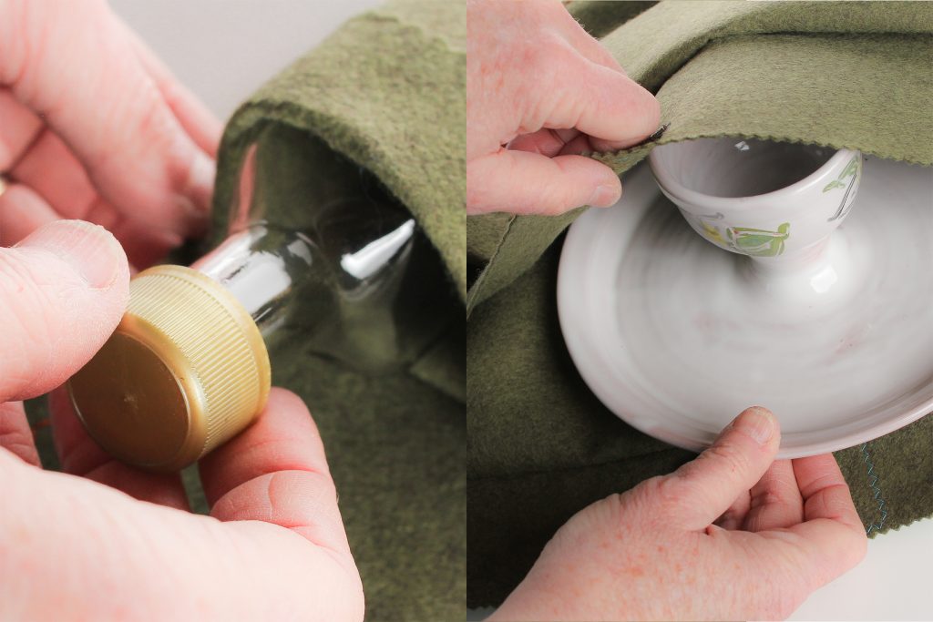 There is also a felt bag around the communion chalice/paten with a pocket for the glass wine or juice bottle. This felt bag enclosing the pottery fits snugly but easily into the carved foam piece in the tote.