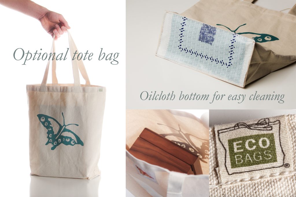 Carrying bag with cleanable "oilcloth" bottom on the outside (nice for setting your bag down in a hospital or nursing home) large enough to include the set as well as your Bible, extra bread loaf, calling cards (see my All Occasion Cards), and anything you need when you visit. This bag is custom made with my butterfly logo by EcoBags, which certifies that the bags are recycled cotton, made "fair wage, fair labor" and their saying is that they are "cleaning up the planet one bag at a time." We support their efforts! I sew the "oilcloth" (vinyl) on the bottom. Note that the pattern on the oilcloth will vary from what is pictured.